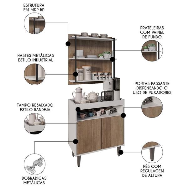 Imagem de Aparador Cantinho do Café e Painel 3 Prateleiras Flora M24 Branco/Freijó - Mpozenato