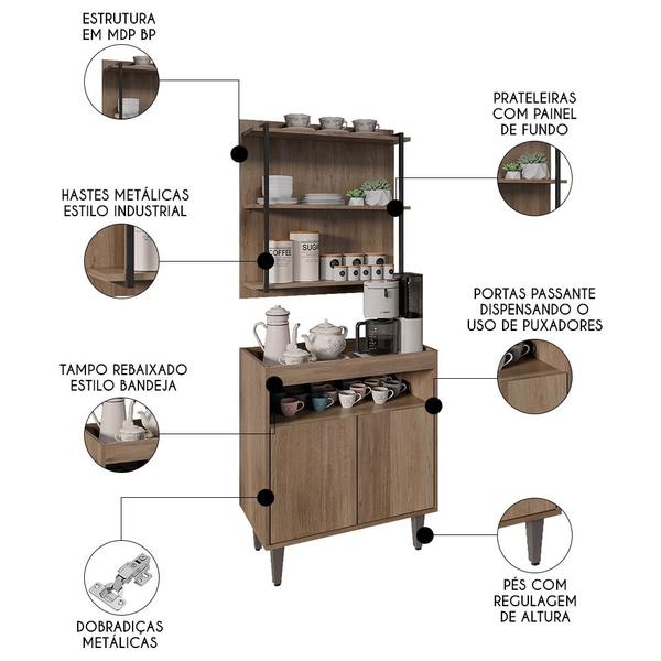 Imagem de Aparador Cantinho do Café e Painel 3 Prateleiras Flora M24 Freijó - Mpozenato