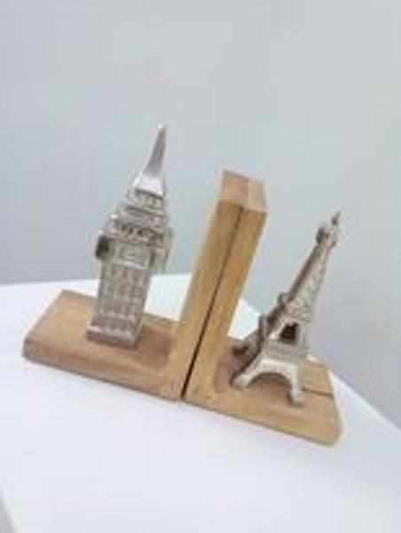 Imagem de Aparador de Livros Big Ben / Torre Eiffel Prata 30 x 18 cm