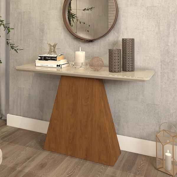 Imagem de Aparador Helena Sala Jantar Buffet MDF Com Vidro 1 Base 1 Tampo Moderno Cor Marrom Madeira Off White