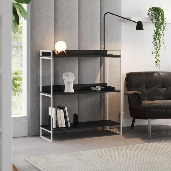 Aparador Industrial 3 Prateleiras Córdoba 95cm Branco e Preto - IRON WOOD Imagem de Aparador Industrial 3 Prateleiras Córdoba 95cm Branco e Preto