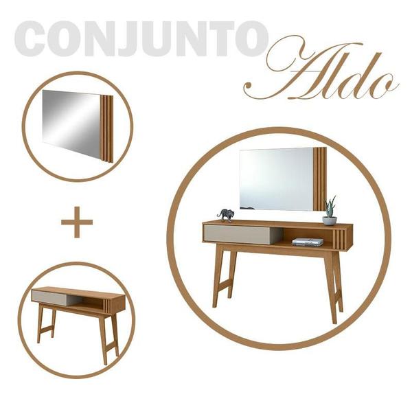 Aparador para Sala de Estar e Quadro com Espelho Ambiente Aldo Amêndoa Clean Off White - Lopas - MÓVEIS LOPAS Imagem de Aparador para Sala de Estar e Quadro com Espelho Ambiente Aldo Amêndoa Clean Off White - Lopas