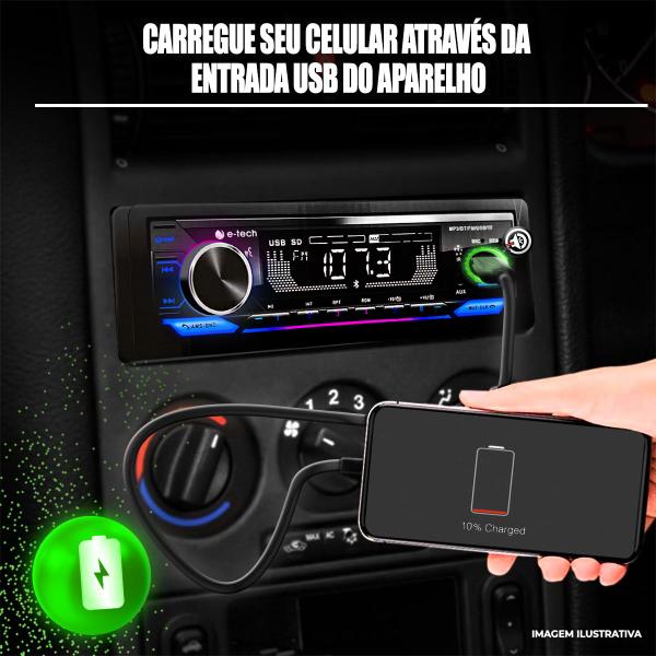 Imagem de Aparelho Auto Radio Automotivo 1 Din Som pra carro Mp3 Player E-tech Premium Plus Com Rgb Bluetooth Usb Sd Carrega celular Saida Subwoofer + Controle