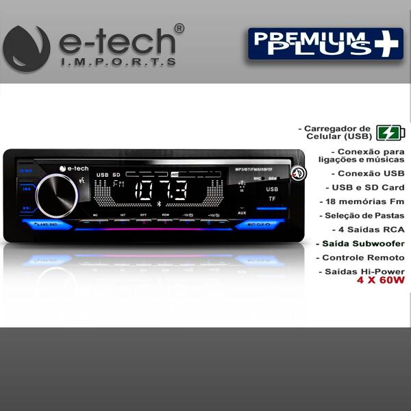 Imagem de Aparelho Auto Radio Automotivo 1 Din Som pra carro Mp3 Player E-tech Premium Plus Com Rgb Bluetooth Usb Sd Carrega celular Saida Subwoofer + Controle