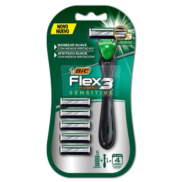 Imagem de Aparelho de Barbear Bic Flex 3 Hybrid Sensitive com 5 Cargas