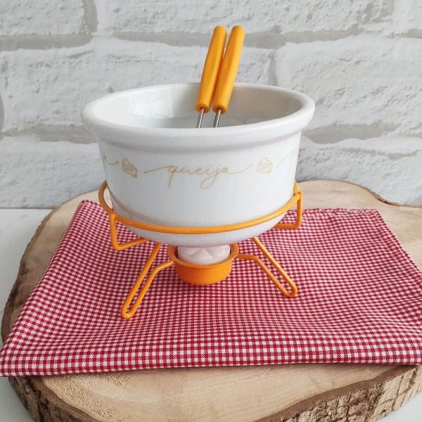 Imagem de Aparelho De Fondue De Queijo Panela Porcelana Casal 5 Peças Conjunto Kit Ideal Para Duas Pessoas Cerâmica Alto Padrão Qualidade Forma Inox