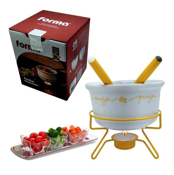 Imagem de Aparelho De Fondue De Queijo Panela Porcelana Casal 5 Peças Conjunto Kit Ideal Para Duas Pessoas Cerâmica Alto Padrão Qualidade Forma Inox