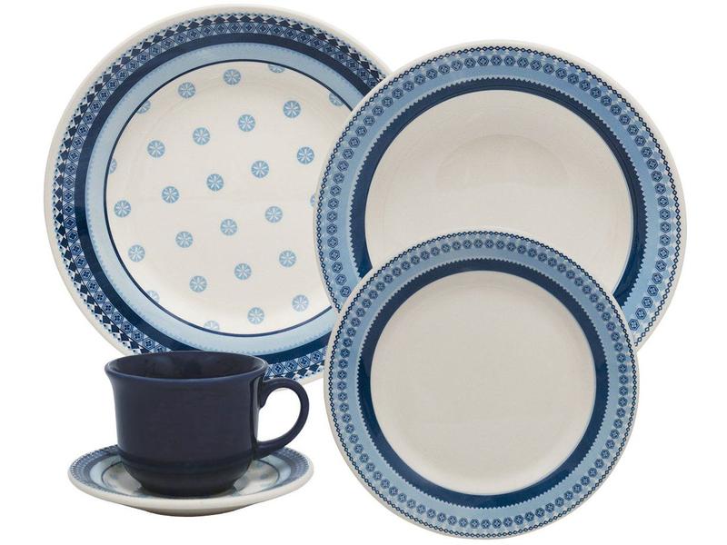 Aparelho de Jantar e Chá 20 Peças Biona de Cerâmica - Redondo Branco e Azul Donna