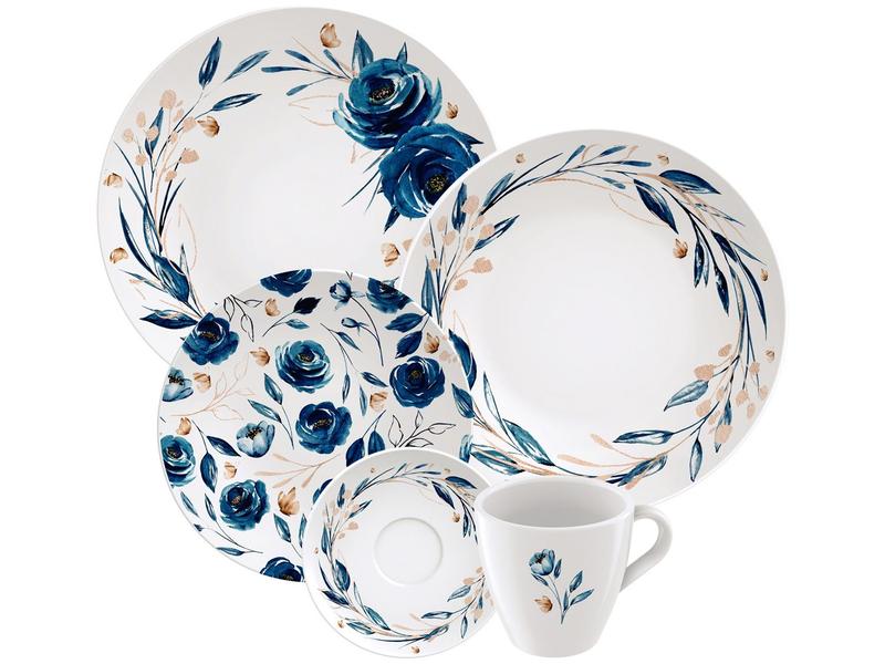 Aparelho de Jantar e Chá 20 Peças Tramontina - Porcelana Azul Redondo Ana Flor