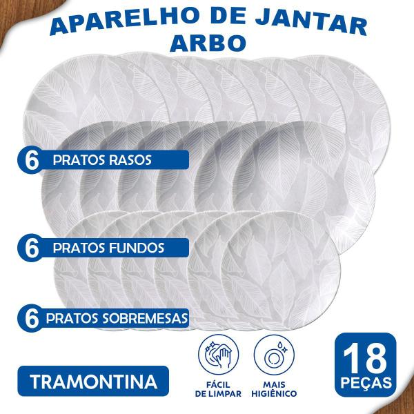 Imagem de Aparelho de Jantar Jogo de Pratos Rasos Sobremesa Fundos Tramontina Arbo Porcelana Decorada 18 Peças