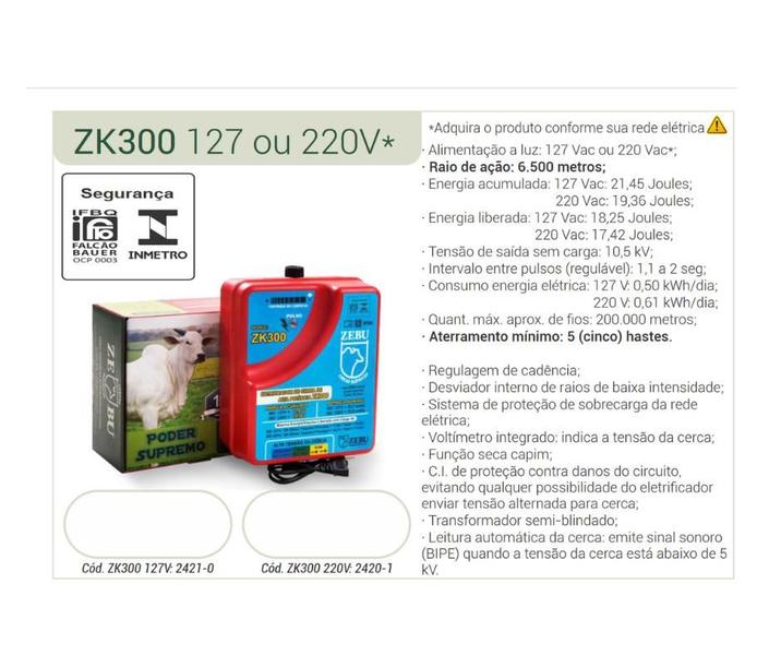 Imagem de Aparelho Eletrificador De Cerca Elétrica Zebu Zk300 127v