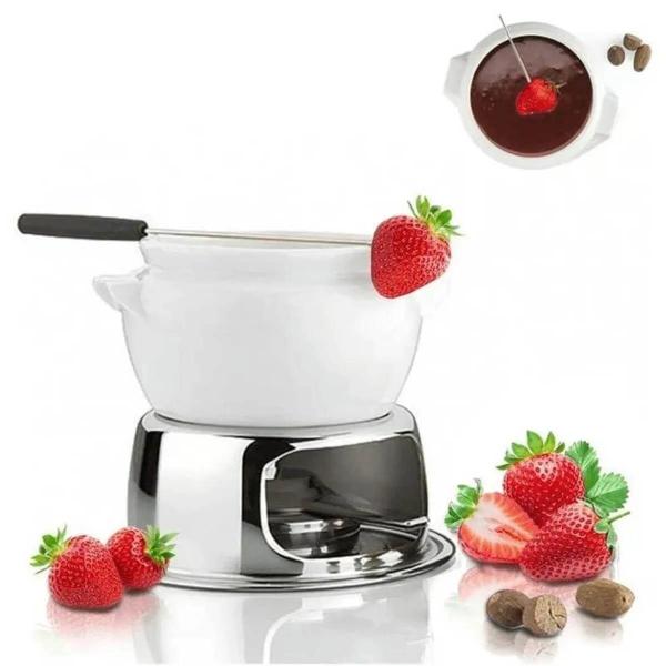 Imagem de Aparelho Fondue Porcelana Cerâmica 11 Peças Doce Chocolate Kit Conjunto Serviço Base Inox Queimador Placa Difusora Alto Padrão Qualidade Forma Inox