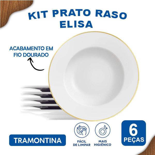 Imagem de Aparelho Jantar Jogo Pratos Rasos Filetado 28 cm Tramontina Elisa Porcelana Borda Dourada 6 Peças