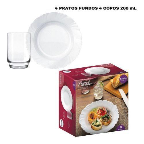 Imagem de Aparelho Jantar Vidro Pétala  Duralex Opaline 8pcs com 4 Pratos Fundos e 4 Copos 260ml