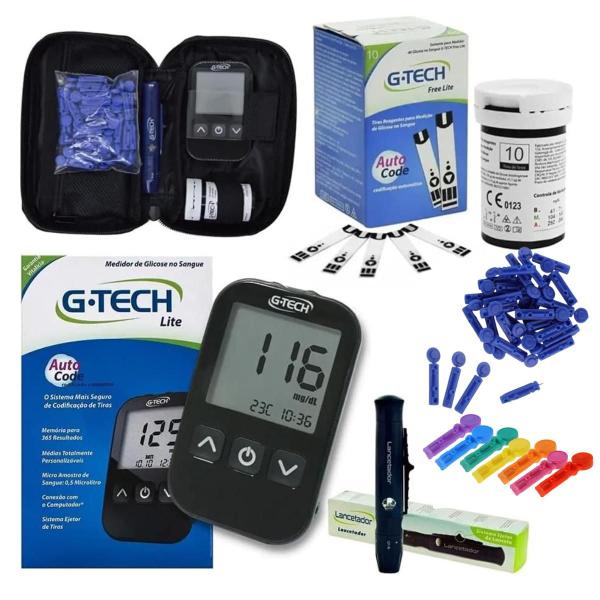 Aparelho Medidor de Glicose Glicemia Diabetes G-Tech Lite + 200 Lancetas Agulhas Kit Compl...