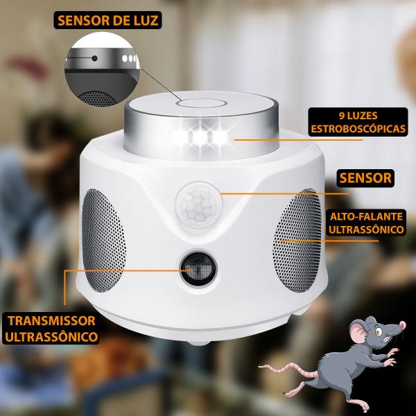 Imagem de Aparelho Repelente Eletrônico Ultrassônico C/ Sensor Movimento Espanta Rato Aranha Barata Morcego S/ Cheiro