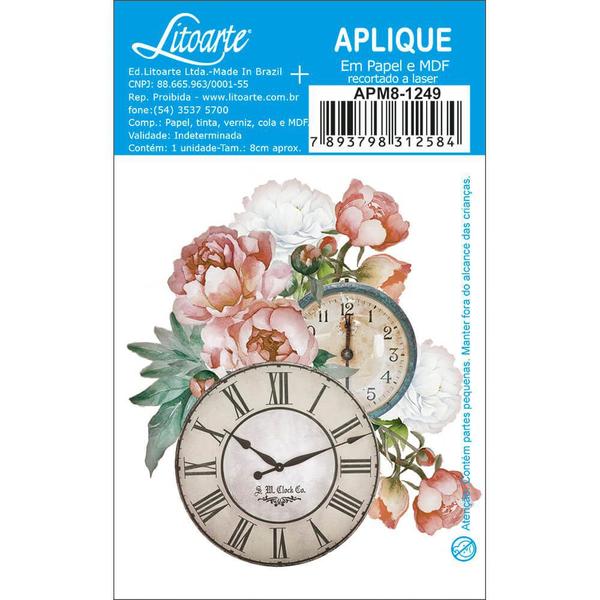 Imagem de Aplique MDF e Papel Litoarte 8 cm  Modelo Flores Relógios APM8-1249 - 1 Peça