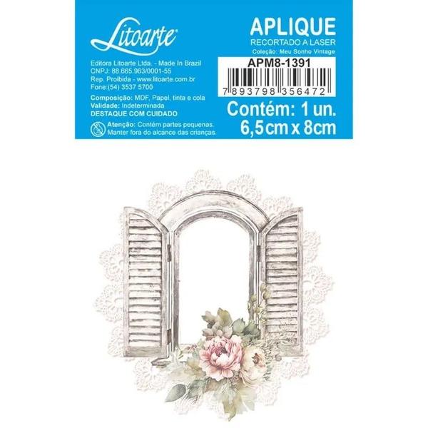 Imagem de Aplique Papel Decoupage em Mdf Janela e Flores Vintage Apm8-1391 8cm Litoarte