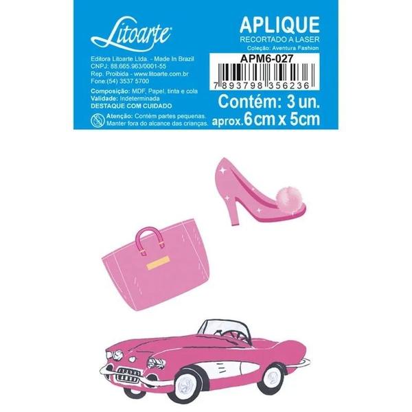 Imagem de Aplique Papel Decoupage em Mdf Kit 5 Un. Apm6-027 Carro Sapato Bolsa Rosa 6cm Litoarte