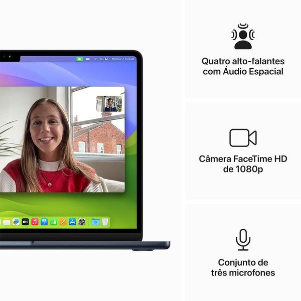 Imagem de Apple  MacBook Air 13" (Chip M3 da Apple, CPU de oito núcleos e GPU de dez núcleos, 8GB Memória unificada, 512 GB) - Meia-noite 