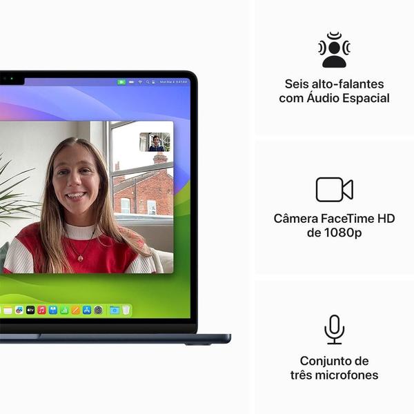 Imagem de Apple  MacBook Air 15" (Chip M3 da Apple, CPU de oito núcleos e GPU de dez núcleos, 8GB Memória unificada, 256 GB) - Meia-noite 