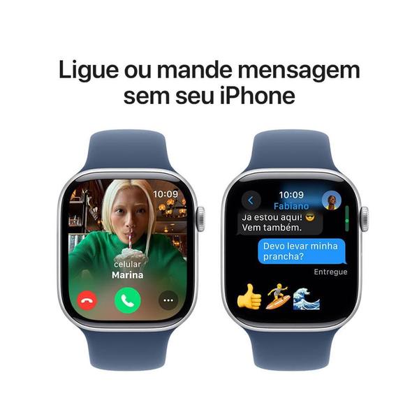 Imagem de Apple Watch Series 10 GPS  Caixa prateada de alumínio  46 mm  Pulseira esportiva denim M/G