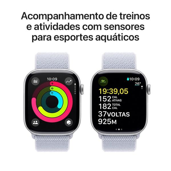 Imagem de Apple Watch Series 10 GPS  Caixa prateada de alumínio  46 mm  Pulseira loop esportiva nuvem azul