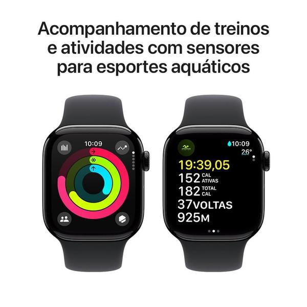 Imagem de Apple Watch Series 10 GPS  Caixa preta brilhante de alumínio  42 mm  Pulseira esportiva preta  M/G