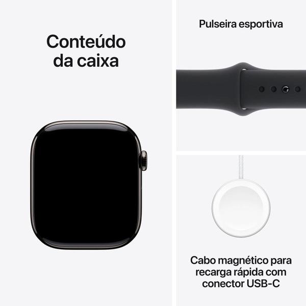 Imagem de Apple Watch Series 10 GPS + Cellular, Caixa Ardósia de Titânio de 46 mm, Pulseira Esportiva Preta, Tamanho M/G - MWYE3AM/A