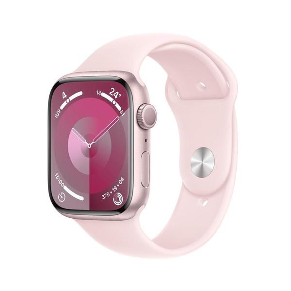 Imagem de Apple Watch Series 9 45mm GPS Caixa Rosa de Alumínio, Pulseira Esportiva Rosa-claro, Tamanho M/G, Neutro em Carbono - MR9H3BZ/A