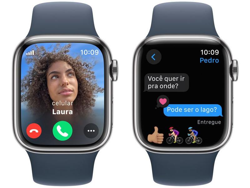 Imagem de Apple Watch Series 9 GPS + Cellular Caixa Prateada de Aço Inoxidável 41mm Pulseira Esportiva Azul-tempestade P/M