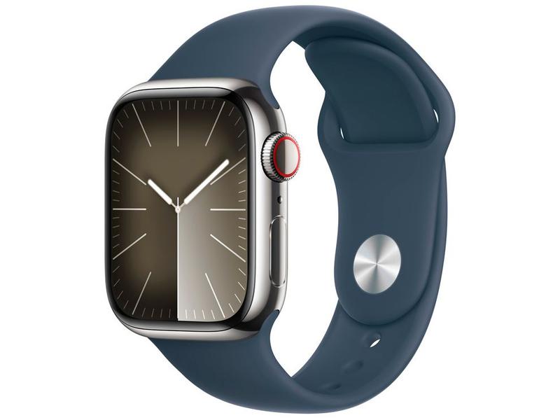 Imagem de Apple Watch Series 9 GPS + Cellular Caixa Prateada de Aço Inoxidável 41mm Pulseira Esportiva Azul-tempestade P/M