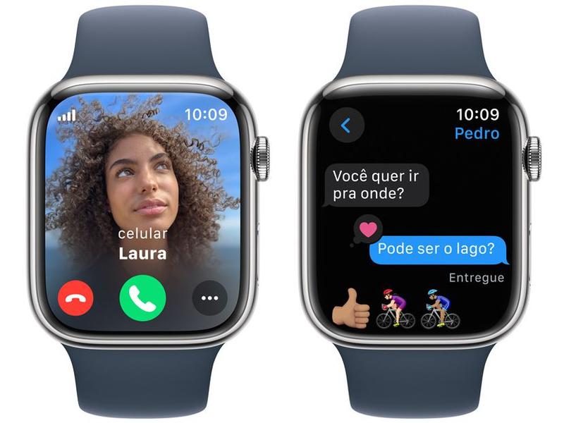 Imagem de Apple Watch Series 9 GPS + Cellular Caixa Prateada de Aço Inoxidável 45mm Pulseira Esportiva Azul-tempestade P/M