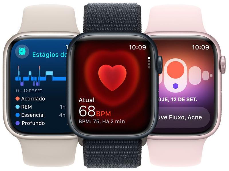 Imagem de Apple Watch Series 9 GPS + Cellular Caixa Prateada de Aço Inoxidável 45mm Pulseira Esportiva Azul-tempestade P/M