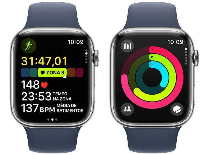 Imagem de Apple Watch Series 9 GPS + Cellular Caixa Prateada de Aço Inoxidável 45mm Pulseira Esportiva Azul-tempestade P/M