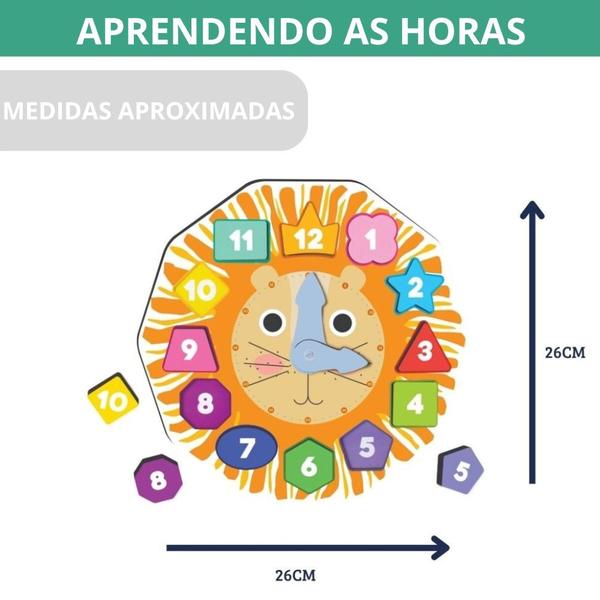 Imagem de Aprendendo as Horas Brinquedo Educativo Infantil Relógio Leãozinho Feito em Madeira 15 Peças