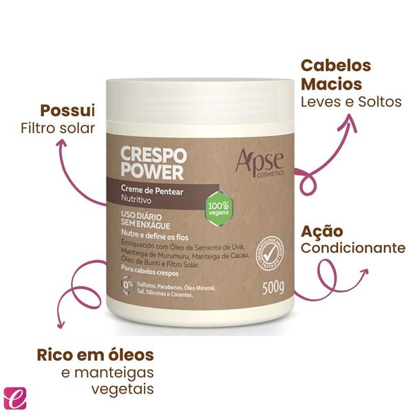 Imagem de Apse Creme de Pentear Nutritivo Crespo Power 500g Vegano Uso Diário Sem Enxágue Nutri e Define os Cachos Enriquecido com Filtro Solar