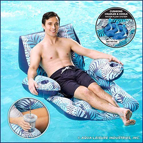 Imagem de Aqua Deluxe Contour Pool Chair Lounge, Tecido luxuoso, Suntanner Adult Size Pool Float, Cadeira Flutuante do Lago, Serviço Pesado, Samambaia Azul/Branco