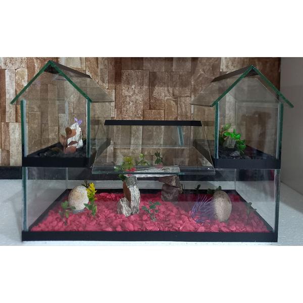 Imagem de Aquario Beteira Castelo V Tripla 3 Compartimentos Versão Maior Peixe Betta decorado pedrinhas e planta artificial