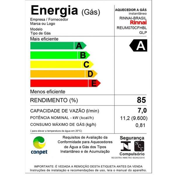 Imagem de Aquecedor a Gás GLP Mecânico Rinnai, MO7BP, 7 Litros, Exaustão Natural 