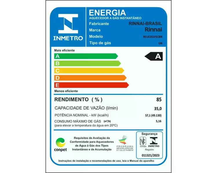 Imagem de Aquecedor a Gás Rinnai Digital 35 Litros E351 FEC GN Branco