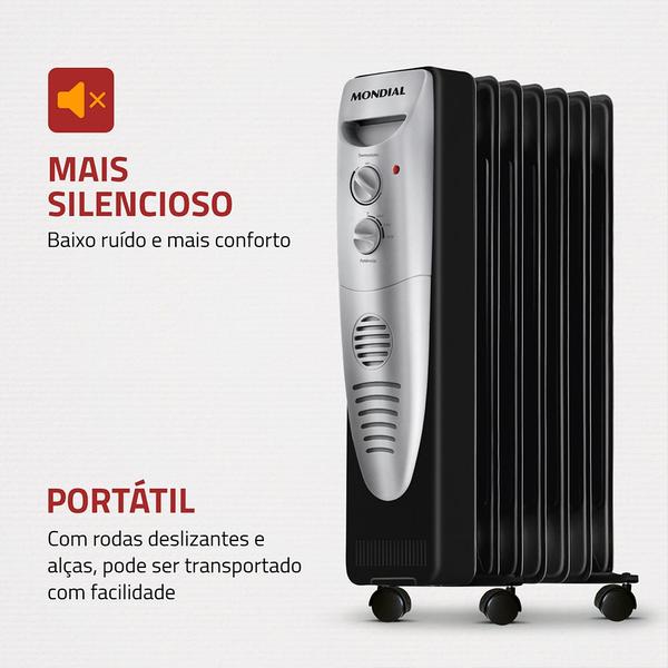 Aquecedor a Óleo Mondial 1500W A-06 Preto/Prata 127V Imagem de Aquecedor a Óleo Mondial 1500W A-06 Preto/Prata 127V