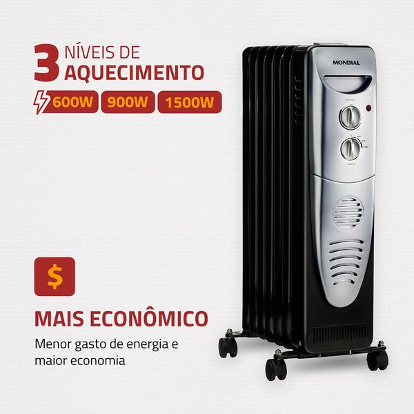 Aquecedor a Óleo Mondial 1500W A-06 Preto/Prata 127V Imagem de Aquecedor a Óleo Mondial 1500W A-06 Preto/Prata 127V