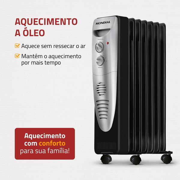 Aquecedor a Óleo Mondial 1500W A-06 Preto/Prata 127V Imagem de Aquecedor a Óleo Mondial 1500W A-06 Preto/Prata 127V