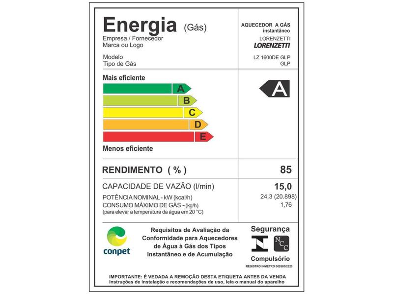 Imagem de Aquecedor de Água a Gás GLP Lorenzetti LZ 1600DE - Controle Eletrônico Digital 15 L/Min