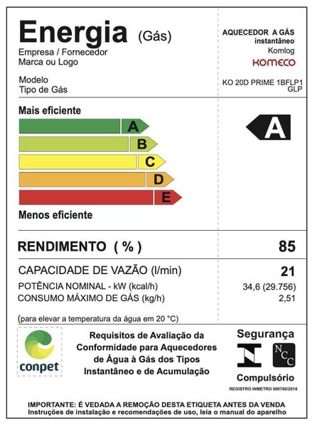 Imagem de Aquecedor De Água A Gás Komeco KO 21 D Prime ( Branco ) 21 Litros - GLP