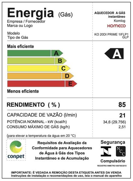 Imagem de Aquecedor De Água A Gás Komeco KO 21 Di Prime 21 Litros Glp Com Modulo Wi Fi