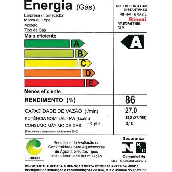 Imagem de Aquecedor de Água Gás GLP Rinnai E27FEH, 27 Litros, Exaustão Forçada