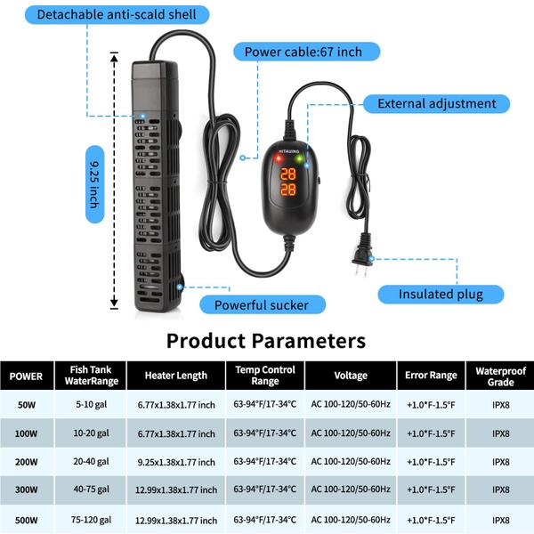 Imagem de Aquecedor de aquário HiTauing 200W submersível para tanque de 75-150L