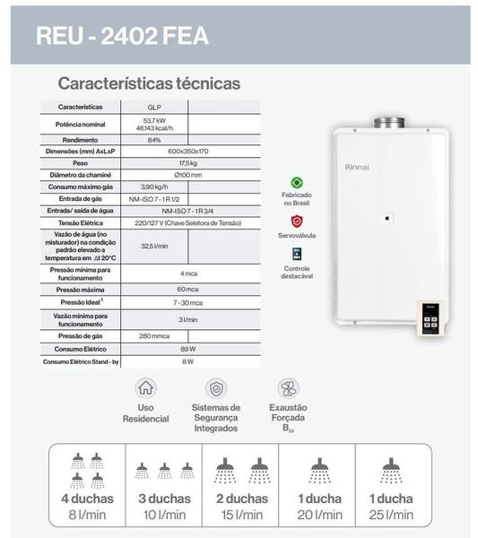 Imagem de Aquecedor Digital 32,5L Rinnai Reu2402Fea Glp Branco